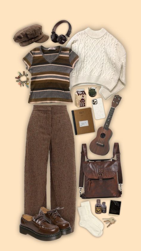 Vintage Outfit Inspo Retro, Countrycore Aesthetic Outfit, Coffee Shop Style Outfits, Png Aesthetic Vintage, Brown Aesthetic Outfits, Outfit Inspo Aesthetic Vintage, Brown Aesthetic Outfit, Brown Outfit Aesthetic, Vintage Clothing Styles