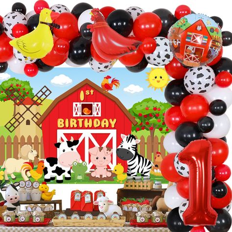 PRICES MAY VARY. All-in-One First Farm Theme Party: Our farm birthday party supplies includes 50 latex balloons 12 inches( 20 red, 15 black, and 10 white cow spotted,5 white) 16 latex balloons 5 inches( 8 red and 8 black), 1 set 1 year old vinyl background cloth, 1 number 1 foil balloon, 1 animal farm round balloon,1 walking duck foil balloon, 1 walking chicken foil balloon,1 balloon chain,1 double-sided transparent adhesive dots. Barnyard Animal Themed Balloons: We have 2 lovely and adorable an Balloon Garland Birthday, First Birthday Decorations Boy, Garland Birthday, Farm Theme Birthday, Happy Birthday Backdrop, Farm Animal Party, Farm Animals Theme, Farm Animals Birthday Party, Boy Birthday Decorations