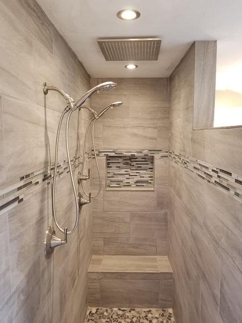 Two Shower Heads Walk In, Walk In Shower 2 Shower Heads, Tiled Walk In Showers With Bench, Unique Bathroom Shower Ideas, Rainfall Shower With Bench, Walk In Shower With Rainfall Shower Head, 3 Wall Shower Ideas, 2 Head Shower Walk In, Big Tile Shower Ideas Walk In