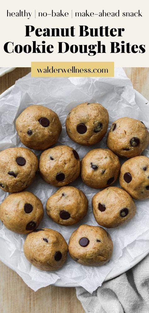 These no-bake peanut butter balls taste like chocolate chip cookie dough! They’re so easy to make (no equipment needed) and filled with nutritious ingredients. Perfect for a make-ahead snack! Healthy Peanut Butter Balls, Healthiest Nut Butter, Healthy Peanut Butter Cookies, Butter Cookie Dough, No Bake Cookie Dough, Peanut Butter Balls Recipe, Peanut Butter Snacks, Energy Bites Recipes, Honey Chocolate