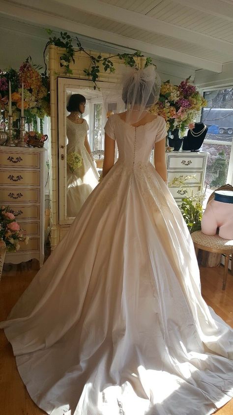 Vintage 1950s Wedding Dress, Princess Seam Wedding Dress, Vintage Short Sleeve Wedding Dress, Vintage Chanel Wedding Dress, 80s Wedding Dresses, Old Fashioned Wedding Dress, Homemade Wedding Dress, Satin Ballgown Wedding Dress, Pearl Bodice