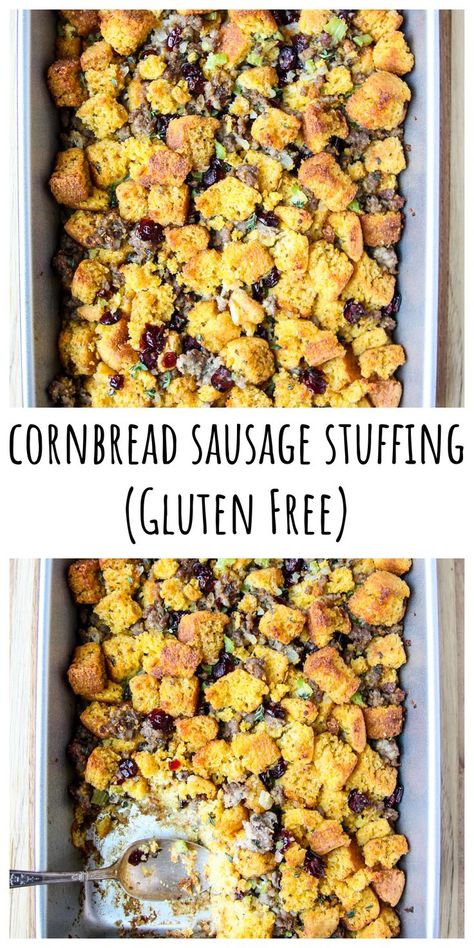 Gluten free Cornbread Sausage Stuffing in a baking pan. Gluten Free Cornbread Stuffing, Cornbread Stuffing With Sausage, Stuffing With Sausage, Gluten Free Stuffing Recipes, Gluten Free Cornbread Recipe, Thanksgiving Recipes Drinks, Andouille Sausage Recipes, Savory Cornbread, Sausage Cornbread Stuffing