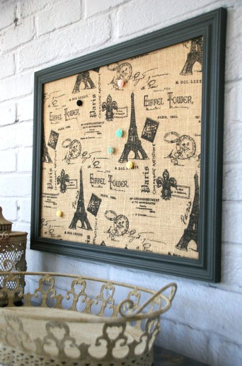 Tutorial explaining how to easily update a plain cork board with burlap or fabric. canarystreetcrafts.com Fabric Covered Bulletin Board, Emoji Diy, Fabric Bulletin Board, Cork Diy, Memo Boards, Cork Crafts, Cork Board, New Wall, Wall Covering