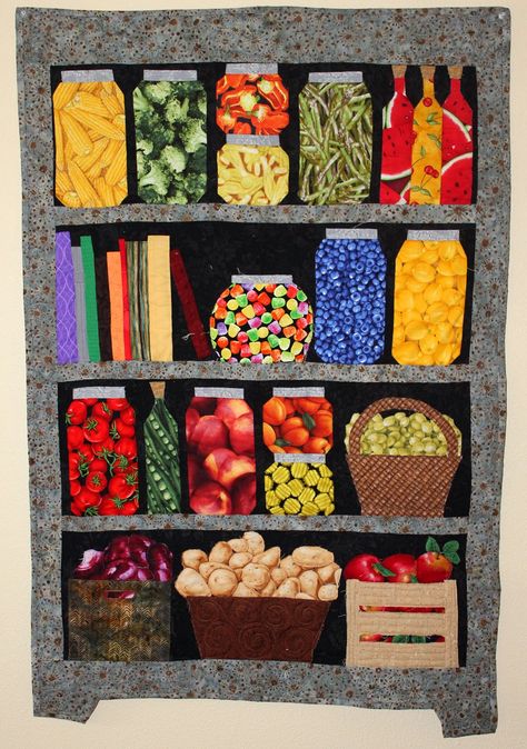 Canning Cupboard, Bookshelf Quilts, Bookcase Quilts, Jar Quilt, Vegetable Fabric, Bookcase Quilt, Quilting Easy, Fruit Jars, Colchas Quilting