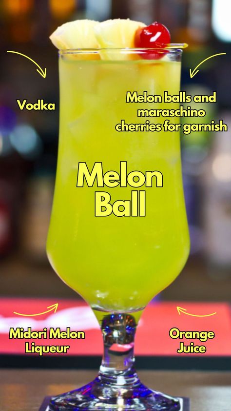 Discover the refreshing Melon Ball cocktail recipe: a perfect blend of melon liqueur, vodka, and orange juice. Ideal for summer parties. #MelonBall #Cocktail Melon Ball Drink Recipes, Drinks With Melon Liquor, Melonball Cocktail, Melon Liquor Drinks, Melon Ball Drink, Margarita Board, Melon Cocktail Recipes, Bartending Recipes, Melon Ball Cocktail