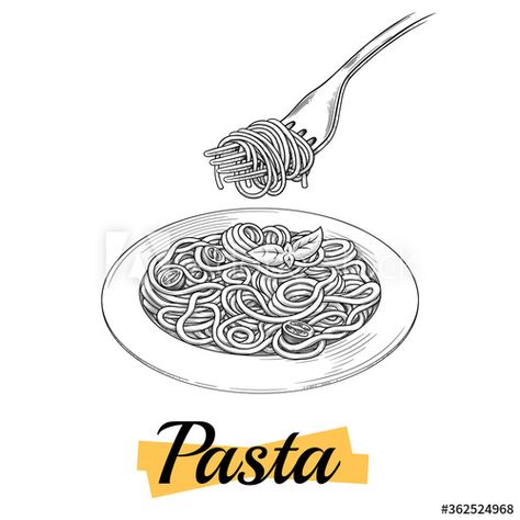 Spaghetti on a plate, fork with spaghetti Vector vintage black engraving isolated on a white background. Italian pasta. A hand-drawn design element for the menu. Contour, mascara. Vector illustration. Italian Pasta Tattoo, Pasta Fork Illustration, Pasta Fork Tattoo, Pasta Drawing Illustration, Pasta Tattoo Ideas, Spaghetti Drawing, Spaghetti Tattoo, Spaghetti Illustration, Pasta Drawing