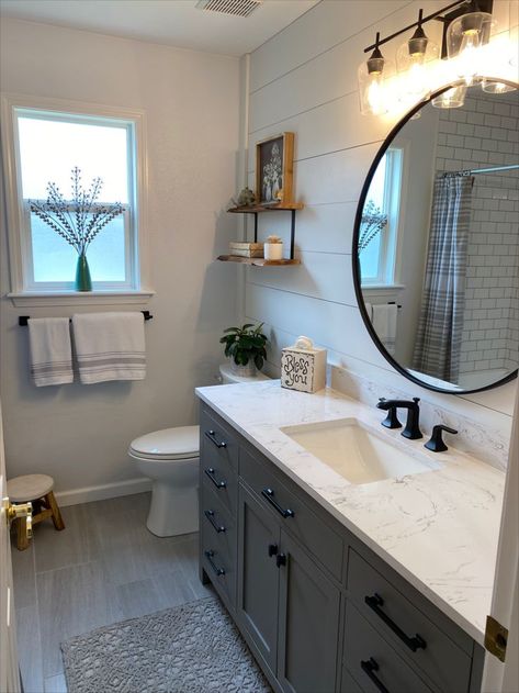 Farmhouse Bathroom Gray Vanity, Small Bathroom Remodel Gray Vanity, Bathroom Sink Color Ideas, Modern Farmhouse Bathroom Shiplap, Bathroom Dark Gray Vanity, Farmhouse Bathroom Countertops, Small Bathroom Blue Vanity, Rectangular Bathroom Ideas, Restroom Mirror Ideas