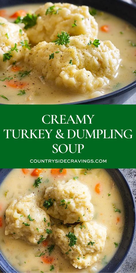 Leftover Thanksgiving Turkey Recipes, Creamy Turkey Soup, Turkey And Dumplings, Leftover Turkey Soup, Turkey Soup Recipe, Dumpling Soup, Dumplings For Soup, Leftover Turkey Recipes, Turkey Soup