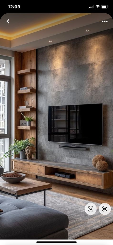 Teras Design Ideas, Norwegian Design Interiors, Living Room Grey And Wood, Tv Wall Small Space, Grey And Wood Living Room Ideas, Simple Tv Wall Design, Industrial Tv Wall, Gray And Brown Living Room, Wall Behind Tv