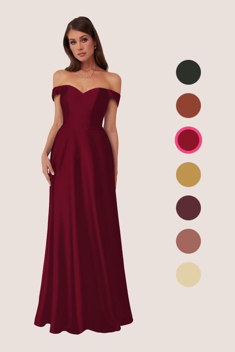 This floor length ball gown features an off shoulder neckline, drop front waist, and pockets. Burgandy Bridesmaids Dress, Burgundy Bridesmaid Dress, Plus Size Bridal Dresses, Burgundy Bridesmaid Dresses Long, Satin Ball Gown, Bridesmaid Ideas, Burgundy Dresses, Dress Code Wedding, Burgundy Bridesmaid