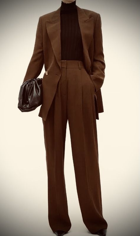 Brown And Green Formal Outfit, Women’s Suit Aesthetic, Women In Waistcoats Aesthetic, Brown Woman Suit, Turtleneck Suit Women, Brown Pantsuits For Women, High Waisted Suits For Women, Tweed Office Outfit, Dark Academia Suits Women