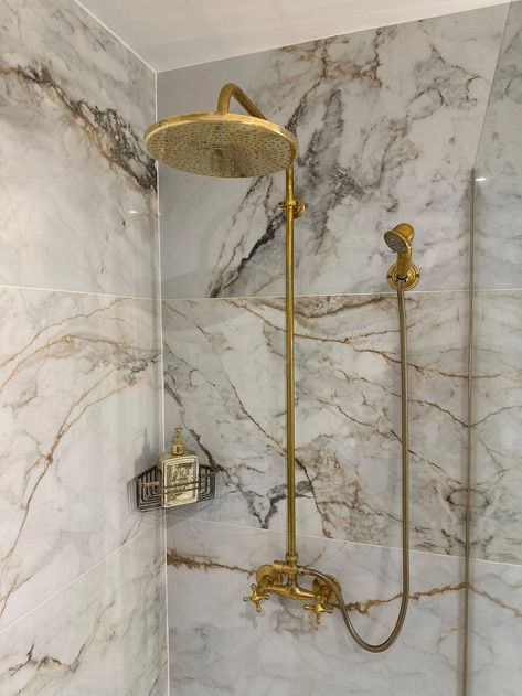 Antique Brass Exposed Pipe Shower System, Unlacquered Brass Shower System With Brass Handheld Shower Outdoor Shower Faucet Set Double Handle - Etsy Brushed Brass Bathroom Fixtures Master Bath, Green Tile Shower Gold Hardware, Shower Head And Separate Handheld, Exposed Shower Fixture, Aged Brass Shower Fixtures, Unlacquered Brass Shower, Brass Shower Fixtures, Brass Shower System, Restroom Ideas