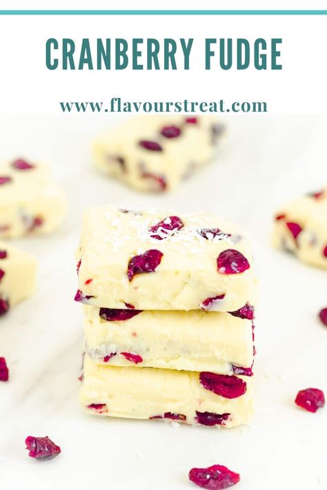 This delicious white chocolate cranberry fudge is an easy treat to put together quickly with just 4 ingredients. All you need is a bowl, microwave, spatula and a 9-inch baking dish. #whitechocolatefudge #cranberryrecipe #cranberryfudge #easyfudgerecipe #nobakerecipe #nobakefudge White Chocolate Cranberry Fudge, White Chocolate Fudge Recipes, Cranberry Fudge, Fudge Flavors, Chocolate Cranberry, White Chocolate Fudge, Homemade Recipes Dessert, Fudge Recipes Easy, Easy Treat