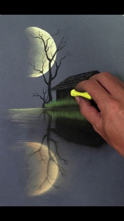 Chalk Pastel Art Ideas Easy, Soft Oil Pastel Art, Easy Oil Pastel Art For Beginners, Soft Pastel Art Beginners, Black Paper Moon, Soft Pastel Art Ideas, Pastel Pictures, Moon Reflection, Soft Pastel Drawing