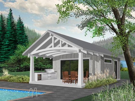 028P-0001: Cabana or Pool House Plan with Outdoor Kitchen Small Pool Houses, Pool House Shed, Wohne Im Tiny House, Moderne Pools, Plan Chalet, Pool Shed, Pool House Designs, Pool House Plans, Pool Cabana