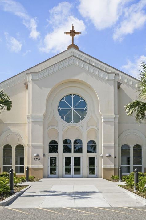 The new 730 seat worship spaces is expandable to add 600 additional seat, and it is anchored by a prominent Sanctuary and adjacent choir. A future Adoration Chapel with seating for 120 is being conceptually designed to harmonize with the larger worship space. The narthex and welcome center provide spaces for gathering and fellowship while two Reconciliation Rooms, a Working Sacristy and Priest Sacristy serve the Sacramental enrichment and Liturgical needs of the parish. Chapel Exterior Design, Modern Church Design, Realtor Website, Church Exterior, Beard Makeup, Compound House, Church Entrance, Church Design Architecture, Catherine Of Siena