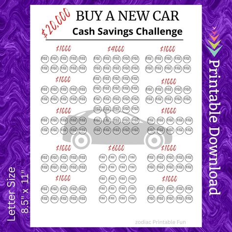 Buy A New Car Cash Savings Challenge Printable - Etsy Canada Car Savings Challenge, Savings Challenge Monthly, Car Saving, Cash Savings, Buy A New Car, Saving Methods, Saving Money Chart, Money Chart, Savings Challenge Printable