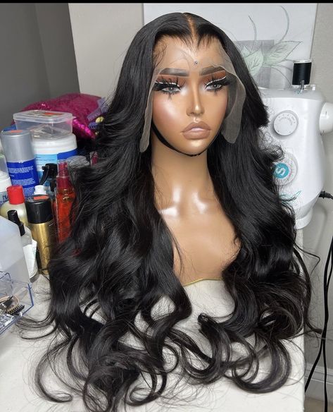 WiG Color-Jet Black Wig Style-13x4 Lace Frontal Wig Hair Texture-  Body Wave Density-180%  Wig Length-18-30 Inch Hair Material-100% Virgin Hair From One Donor Hair Color.  -Natural Black Can Be Dyed-Yes Lace-HD Lace Hairline-Pre-plucked Natural Hairline Wig Combs-4 Combs Inside Cap Size-Average Size, with Adjustable Strap Circumference- 22.5 Inches, Standard Medium Size Black Body Wave Wig, Jet Black Wig, Lacefront Wigs, Lace Wigs Styles, Wigs Collection, Lace Ideas, Best Human Hair Wigs, Black Wigs, Beautiful Black Hair