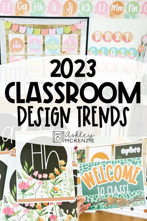 A classroom decorated with a marbled pastel theme, alphabet posters shown in a wildflowers theme, and a "Welcome to Class" sign featuring a modern jungle design. Class Decor Theme, Classroom Themes For Prek, New Classroom Themes 2023, New Classroom Themes 2024, Trending Classroom Themes, Classroom Decor 2024-2025, Classroom Themes For Toddlers, Intermediate Classroom Decor, Classroom Decor 2023-2024