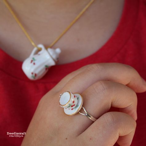 Bubblegum Cosplay, Dessert Jewelry, Cute Tutorial, Teacup Ring, Teapot Jewelry, Heirloom Ring, Tea Jewelry, Polymer Clay Flower Jewelry, Mini Stuff