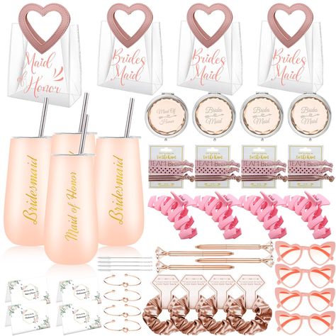 PRICES MAY VARY. Bridesmaid Proposal Gifts Set of 4:gifts package include:6oz champagne tumbler with lid x4pcs,folding bridesmaid mirror x4pcs, satin scrunchies x4pcs, diamond pen x4pcs, claw clip x4pcs,knotted bracelet x4pcs,pair of heart sunglasses x4pcs,hair tie set x4pcs,set of silicone straws and brushes x4pcs,big packet of Lafite grass x1pc,Love carrying bag x4pcs Unique design: Each bridesmaid gift bag contains gifts for each episode, with the most unique being a heart-shaped handbag that is cute and exquisite, perfect for summer weddings. Instead of a regular gift box, this transparent PVC proposal gift bag with the bridesmaid logo is perfect for bridesmaids to prepare as a bridesmaid proposal gift. Proposal Gifts for Wedding: The bridesmaid gift bag is a gift prepared for the brid Bridal Party Boxes Bridesmaid Gifts, Bridesmaids Gift Bags, Gifts For Maid Of Honor, Bridesmaid Mirror, Bridesmaid Kit, Bridesmaids Gift Ideas, Bridesmaid Proposal Diy, Silicone Straws, Bridal Proposal