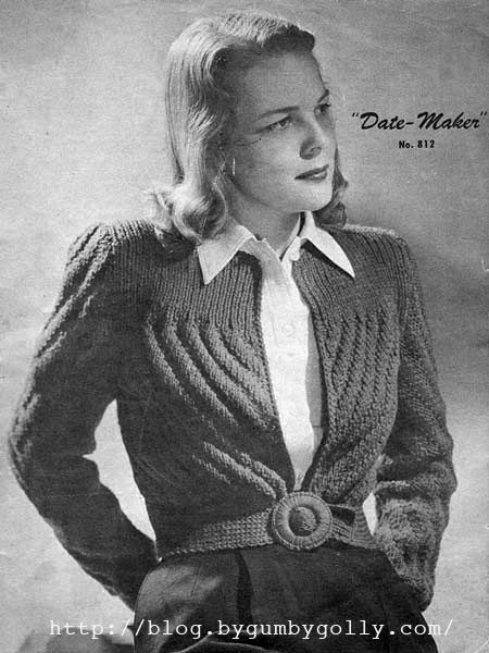 The Vintage Pattern Files: 1940's Knitting - The Date Maker Cardigan. Free pattern. Vintage Cardigan Pattern, 1940s Wartime, Forties Fashion, Sweater Patterns, Belted Sweater, Yarn Craft, Quick Knits, Vintage Knitting Patterns, Motif Vintage