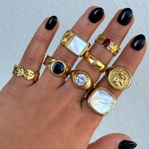 Material: 304 stainless steel Size: Available from size 6 to 8 Chunky Signet Ring, Bulky Rings Aesthetic, Chunky Rings Gold, Chunky Gold Jewelry Aesthetic, Vintage Gold Jewelry Aesthetic, Gold Rings Chunky, Chunky Rings Aesthetic, Gold Chunky Jewelry, Ring Stack Silver