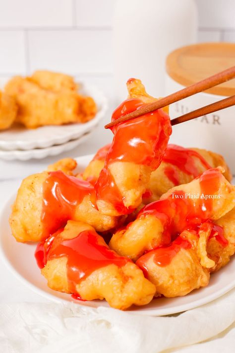 Sweet and Sour Chicken | Two Plaid Aprons Chinese Night, Fried Chicken Nuggets, Chicken Batter, Plaid Apron, Sweet And Sour Chicken, Pineapple Chunks, Sesame Noodles, Noodle Recipe, Noodle Dish