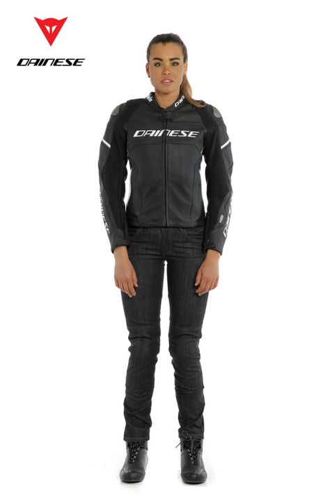 This is the first D-air® sport leather jacket specifically design for ladies. The D-air® airbag system, combined with level 2 protections on shoulders and elbows provide superior Dainese safety standards. Tough Tutu leather with air intakes keeps body climate at best, while S1 fabric and Microelastic 2.0 stretch zones ensure a perfect comfort. Integrated Track-It system offers the possibility to check main performance data like lean angle and speed. Air Sport, Race 3, Motorcycle Suit, Leather Jackets Women, Motorcycle Jacket, Motorcycles, Leather Jacket, Leather