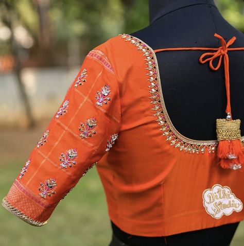 Orange And Pink Blouse Design, Pink Blouse Work, Pink Blouse Design, Simple Wedding Blouse Designs, Blouse Neck Models, Simple Aari Work Blouse Design, Simple Aari Work Blouse, Blouse Design Aari Work, Neck Models