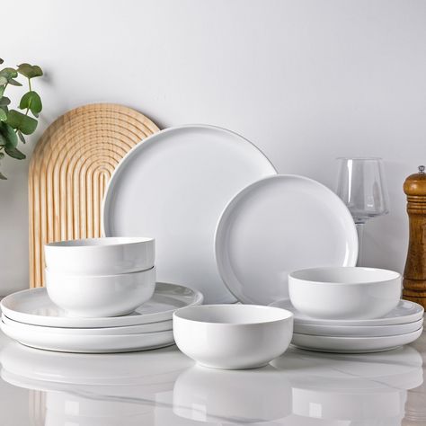 PRICES MAY VARY. 【WHAT'S IN THE BOX】This 12-piece ceramic dinnerware set includes 4pcs 10.5" dinner plates, 4pcs 8.25" salad plates, and 4pcs 6" (22 oz)soup/cereal bowls, making it a great set service for 4. Each set is carefully packed and inspected to ensure no way they would break en route. Once you have it, believe can't wait to use this at your next dinner party. 【EAT SAFTY】Our plates and bowls sets are made from natural materials and fired under 2300℉ high temperature for about 17 hours, e Cute Plates And Bowls, Stoneware Dinner Sets, Dinnerware Set Modern, Bowl Sets, White Dish, Plates And Bowls Set, Ceramic Dinnerware Set, Stoneware Dinnerware Sets, Pattern Ceramic