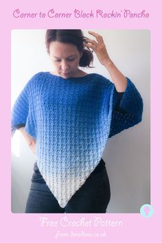 Free Crochet Pattern for the Corner to Corner (c2c) Block Rockin Poncho. Easy poncho pattern for beginner crocheters, made for children or adults using almost any yarn. #crochetpattern #freecrochetpattern #crochetponcho #cornertocorner #c2c C2c Poncho Pattern, Corner To Corner Crochet Poncho, Crochet Cardigan Sport Weight Yarn, Simple Poncho Crochet Pattern, Easy Crochet Poncho Free Pattern, Poncho Crochet Pattern Free, Crochet Poncho Patterns Easy, Crochet Poncho Pattern, Modern Haken