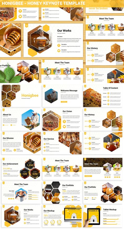 Honey Website Design, Yellow Presentation, Honey Poster, Bee Template, Presentation Template Design, Food Web Design, Marketing Powerpoint, Beauty Salon Business Cards, Honey Brand