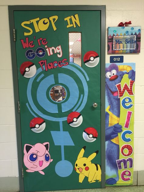 Back to school pokemon go door decor Pokemon Door Hanger, Pokemon Classroom Door, Pokemon Door Decorations, Pokemon Classroom Decorations, Pokemon Bulletin Board, Pokémon Classroom, Pokemon School, Class Door, School Door Decorations