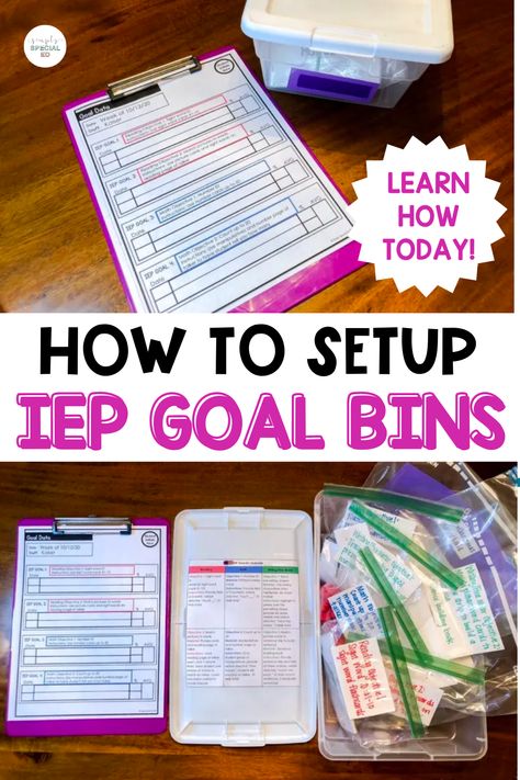 If you are a special education teacher, then you know that IEP goals play an important role in our job. Today, I want to share how to set up IEP goal bins to make your life easier as a special ed teacher. Data tracking for special education students is easy once you prep your goal bins. Each special ed student gets a container, a label with their name, and materials for each objective. Read more about what is inside and how to keep them organized in your special ed classroom. Special Ed Prek Classroom, Sped Ed Classroom, Sped Data Tracking, Special Ed Math Activities, Special Education Data Organization, Special Ed Resource Classroom, 3rd Grade Special Education Activities, Special Ed Resources, Highschool Sped Classroom