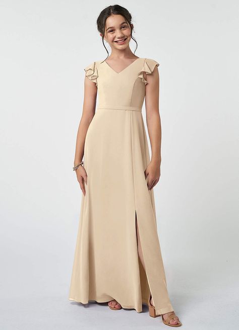 Champagne Azazie Claudine JBD Junior Bridesmaid Dresses | Azazie Bridesmaids Champagne, Junior Girl Dresses, Junior Bridesmaids, Bridesmaid Dresses Azazie, Champagne Bridesmaid Dresses, Champagne Bridesmaid, Champagne Dress, Black Order, Junior Bridesmaid Dress