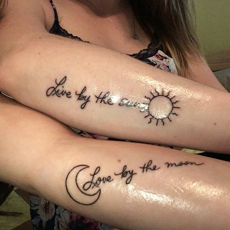 "Live by the sun ☀️". "Love by the moon" Tattoo with my best friend Bfff Tattoo, Sun And Moon Mother Daughter Tattoo, Love By The Moon Live By The Sun Tattoo, Moon And Sun Tattoo Best Friend, Sun And Moon Tattoo Matching Best Friends, Live By The Sun Love By The Moon Tattoo, Tattoos Moon And Sun, Love By The Moon Tattoo, Tattoos Moon