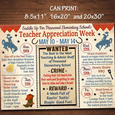 Western Teacher Appreciation, Staff Break Room, Teacher Appreciation Poster, Teacher Appreciation Week Themes, Teacher Appreciation Themes, Staff Appreciation Week, Week Schedule, Invitation Text, Staff Appreciation