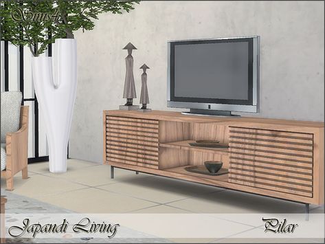 Japandi Sims 4 Cc, The Sims Resource Decor, Sims 4 Scandinavian Cc, Sims 4 Tv Stand, The Sims Resource Furniture, Sims 4 Cc Tv Stand, Living Room Japandi, Minimalist Fireplace, Sims 4 Cc Hair