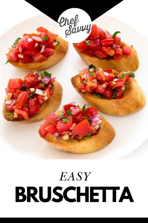 Save this Simple & Easy Bruschetta Recipe. Learn how to make this easy bruschetta recipe at home! It’s super fresh, and light, and makes the perfect appetizer or side dish. A great way to use up fresh summer tomatoes. Follow Chef Savvy for more easy Christmas Appetizers! Easy Bruschetta Recipe, Fresh Basil Recipes, Homemade Bruschetta, Chef Savvy, Easy Bruschetta, Healthy Finger Foods, Easter Dinner Recipes, Bruschetta Recipe, Easy Holiday Recipes