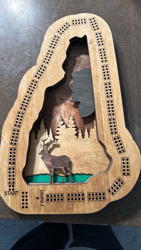 Custom one of a kind cribbage board. Cribbage Board Template Free Printable, Diy Cribbage Board, Unique Cribbage Board, Cribbage Board Template, Deer Tattoo Designs, Bandsaw Projects, Rummy Card Game, Festival Games, Rummy Game