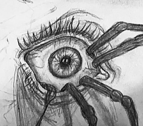 Sketching Ideas Eyes, Hand With Mouth Drawing, Ripping Eyes Out Drawing, Weird Eye Painting, Spider Coming Out Of Eye Drawing, Sketchbook Art Journal Sketches Easy, Spider Eye Drawing, Eye Horror Art, Eye Drawings Trippy