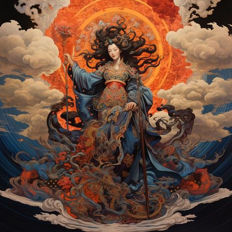 Chinese Goddess, Japanese Goddess, World Mythology, Fusion Art, Creature Artwork, Celestial Art, Painting Of Girl, Mythology Art, Mythological Creatures