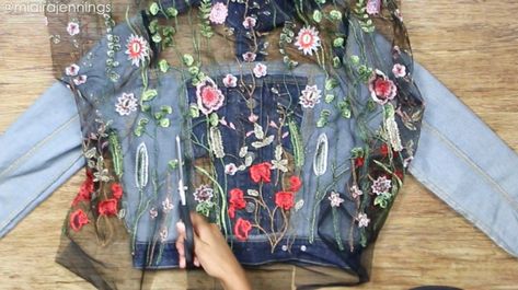 DIY Embroidered Sheer Cut Out Denim Jacket (NO SEWING) Diy Lace Jeans, Upcycle Jean Jacket, Cut Up Jeans, Jean Jacket Diy, Cut Out Jeans, Upcycled Denim Jacket, Diy Denim Jacket, Lace Jeans, Stitch Witchery