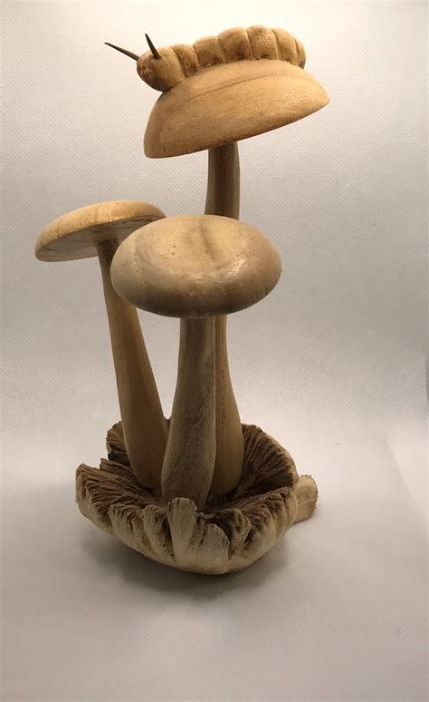 Wood Turning Mushrooms, Wood Carved Mushrooms, Carved Mushrooms, Lathe Woodworking Projects, Birdhouse Woodworking Plans, Wood Mushrooms, Stone Carving Sculpture, Mushroom Ornaments, Carved Wooden Animals