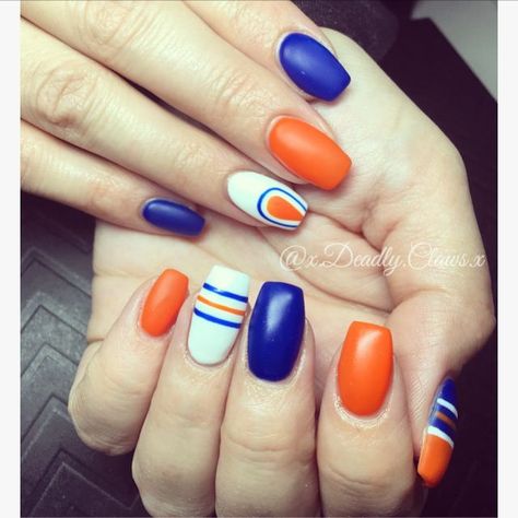 Oilers Nails Edmonton, Edmonton Oilers Nails, Oilers Nails, Hockey Nails Designs, Spring Nail Designs 2023, Hockey Nails, Orange Toe Nails, Nail Polish Art Designs, Time Nails