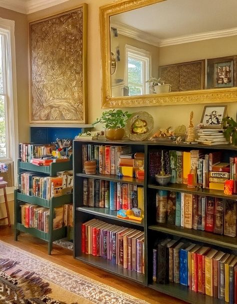 Eclectic Book Nook Eclectic Bookshelves, Painted Bookshelf Ideas, Thrifted Bookshelf, Whimsigoth Home, Bookshelf Decor Ideas, Living Room Bookshelves, White Couch Living Room, Office Bedroom Ideas, Cathedral Ceiling Living Room