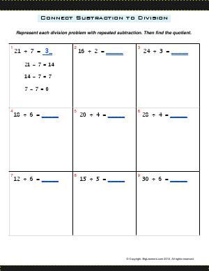 Worksheet | Connect Subtraction to Division | Represent each division problem with repeated subtraction. Then find the quotient. Division With Remainders Worksheets, 4th Grade Math Worksheets Word Problems Addition And Subtraction, Second Grade Math Worksheets, Repeated Subtraction Division Worksheets, Repeated Subtraction Division, 1st Grade Math Worksheets Word Problems Addition And Subtraction, Repeated Addition Word Problems, Repeated Subtraction, Division Activities