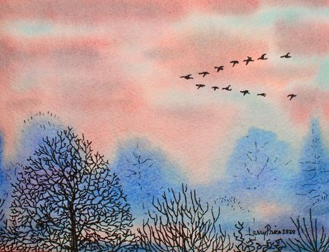 Bird migration, watercolor and ink painting on paper. Migration Artwork, Birds Migration, Bird Migration, Migratory Birds, Painting On Paper, Bird Drawings, Bird Illustration, Art References, Ink Painting