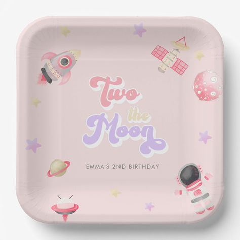 Pink Space Moon and Stars Birthday Thank You Square Sticker Birthday Thank You Message, Two The Moon Party, Moon Birthday, Two The Moon, Birthday Paper Plates, Pink Space, Chic Invitation, Moon Party, Space Birthday Party